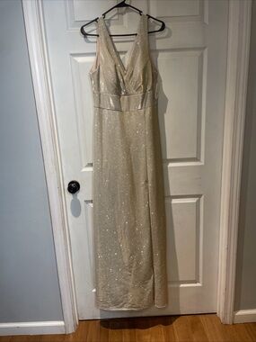 Oleg Cassini Shimmery Champagne V-Neck Gown